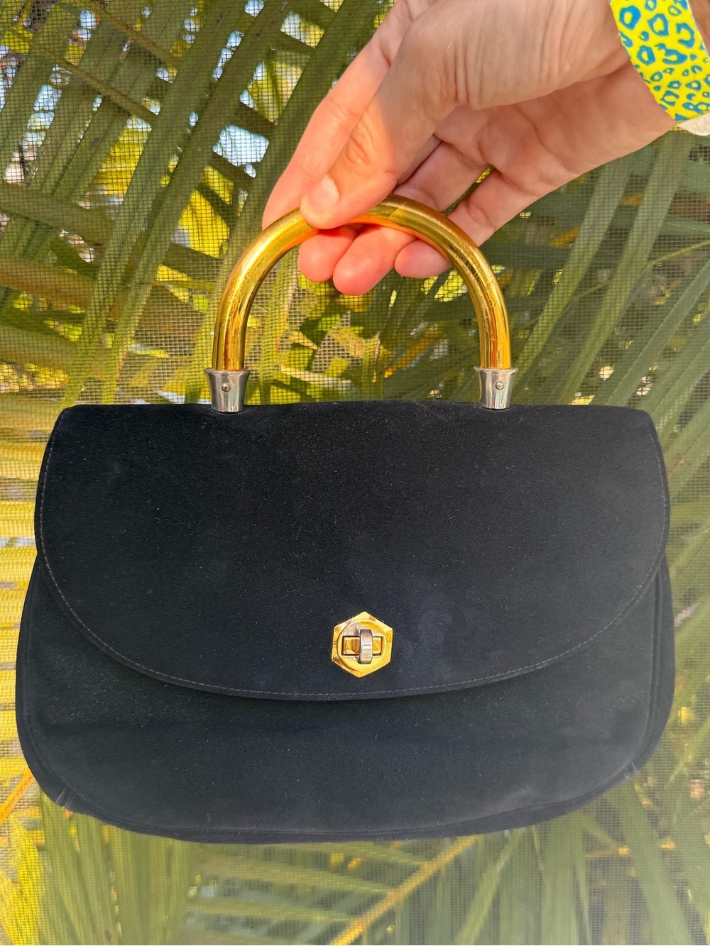 Vintage Bienen-Davis navy bag suede bag with goldtone hardware